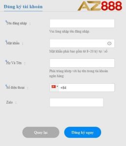 Điền thông tin vào biểu mẫu đăng ký AZ888